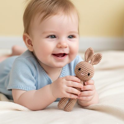 Doudou lapin bébé en joie