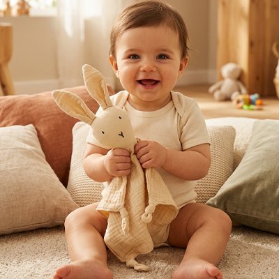 Doudou lapin bébé heureux