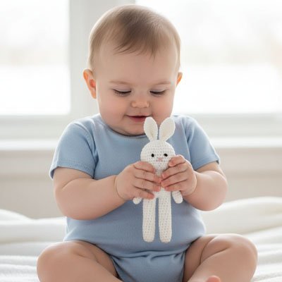 Doudou lapin bébé heureux