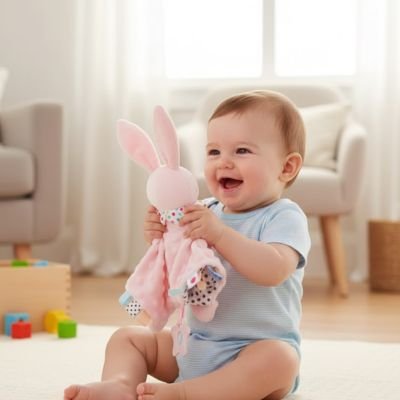 Doudou lapin rose bebe en joie