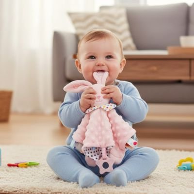 Doudou lapin rose qui accompagne votre bebe
