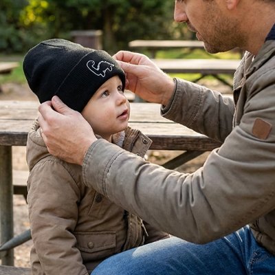 Enfant qui  porte son Bonnet bebe garçon au parc