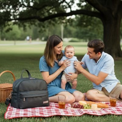Famille  en picnic accompagné de Sac a langer bebe