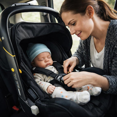 maman attache bebe dans poussette 2 en 1
