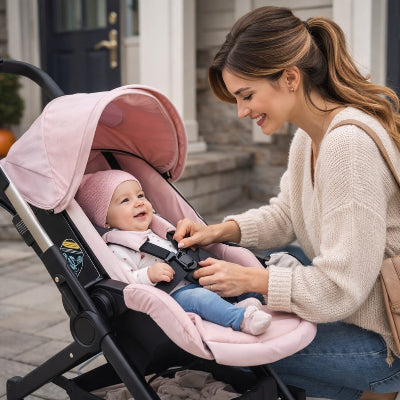 maman attache bebe poussette
