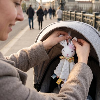 Maman attache Lapin doudou à la poussette