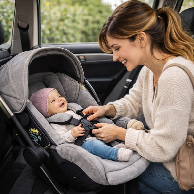 maman attache son bebe poussette dans la voiture