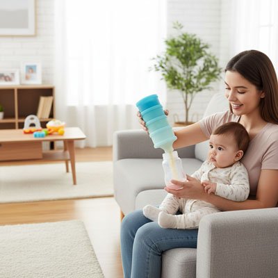 Maman bébé dans  salle d attente utilise les Boites doseuses lait 