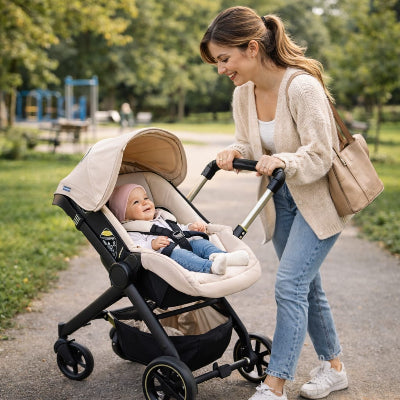 maman bebe poussette se promene sereinement