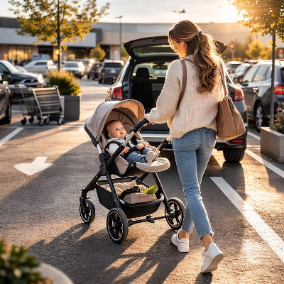 maman dans un stationnement avec bebe poussette