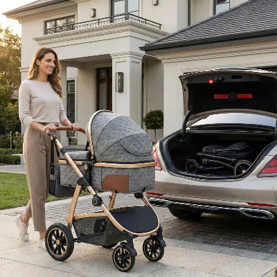  maman devant la maison pousse bebe dans poussette 3 en 1