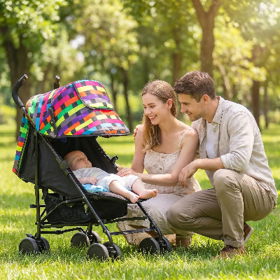 maman et papa avec bebe utilisant par soleil poussette