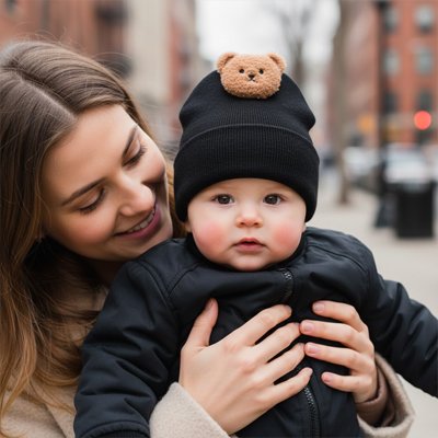 Maman heureuse de proteger son enfant avec Bonnet bebe 
