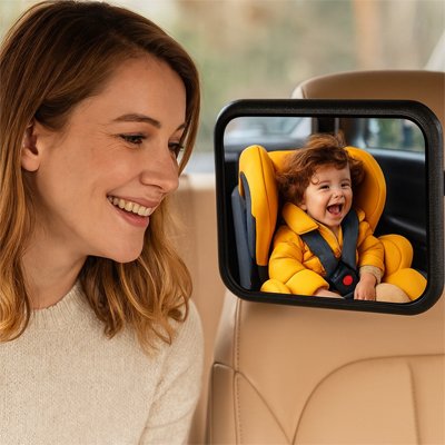 Maman heureuse de voir dans Miroir voiture bébé