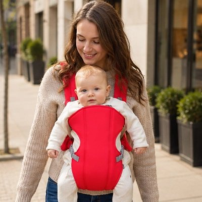 Maman heureuse Porte-bebe en promenade