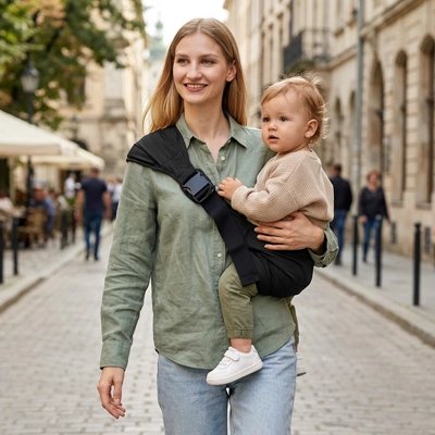 maman heureuse Porte bébé physio en promenade