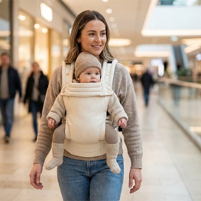 Maman Porte bebe dans un centre commercial
