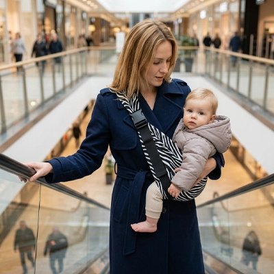 Maman Porte bebe en echarpe au centre commercial