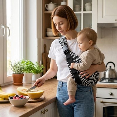 Maman Porte bebe en echarpe en cuisinant