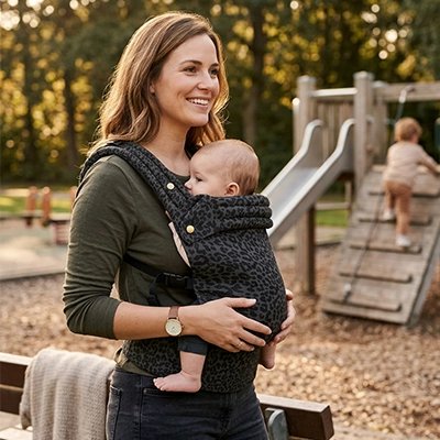 Maman Porte bebe ergonomique dans un parc