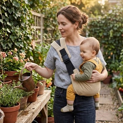 Maman Porte bebe physio dans le jardin