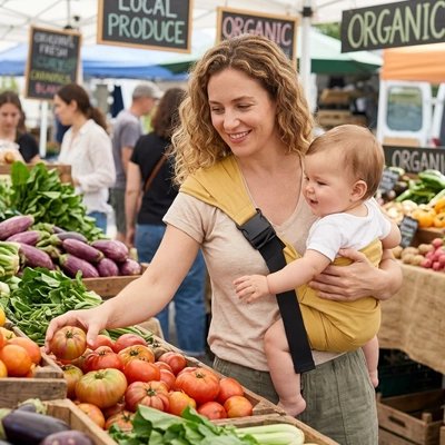 Maman Porte bébé physiologique au marché