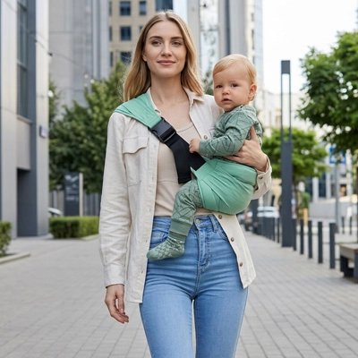 Maman Porte bébé physiologique dans une grande ville