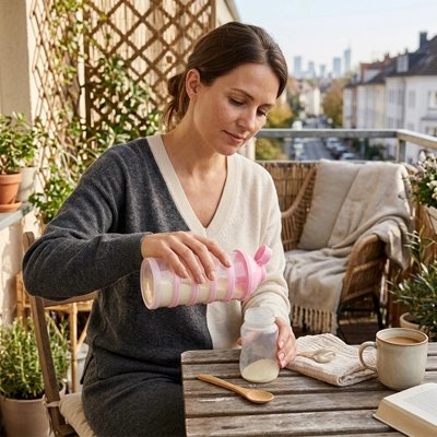 Maman prepare biberon avec Boite doseuse lait dans jardin