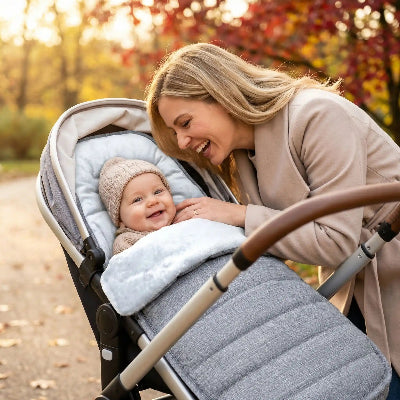 maman protege son enfant en automne avec chanceliere bebe