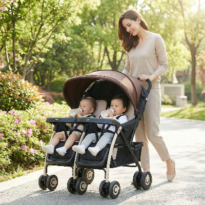 maman se promene avec ses enfants dans poussette jumeaux