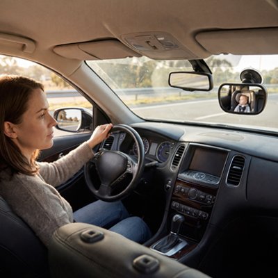 Maman sereine au volant avec Miroir voiture pour bebe 