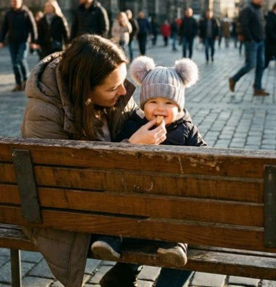 Maman sur place publique son enfant porte Bonnet bebe 