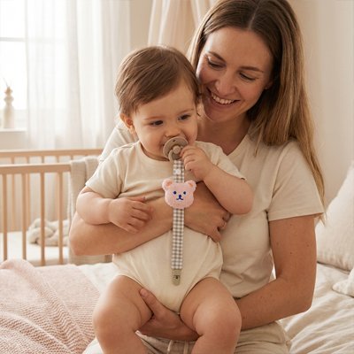 Maman tenant Bébé qui utilise Attache tetine doudou