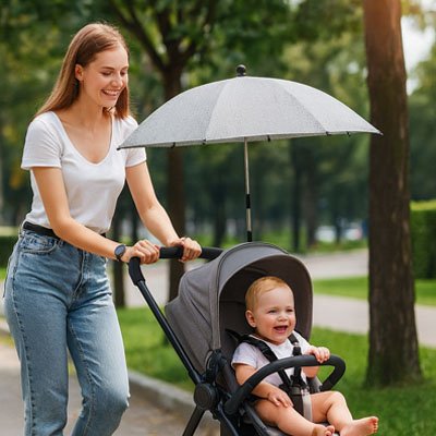 Ombrelles poussette​s bebe protege maman heureuse