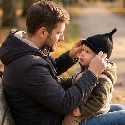 Papa accompagne son fils portant Bonnet bebe garçon