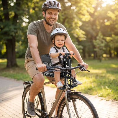 papa bebe en promenade avec porte velo bebe