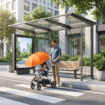 papa bebe protege par ombrelle pour poussette attendent bus