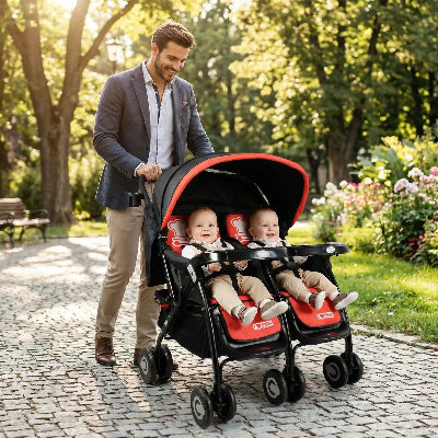 papa en promenade avec ses enfants dans poussette jumeaux
