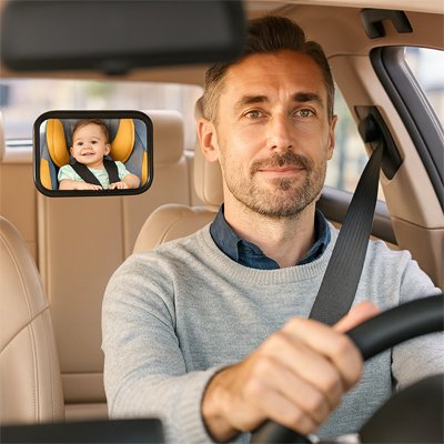 Papa heureux de voir dans Miroir voiture bébé