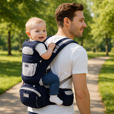 papa porte bebe au dos au parc