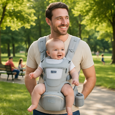 papa porte bebe en avant au parc