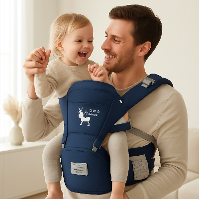 papa porte bebe jouant en souriant