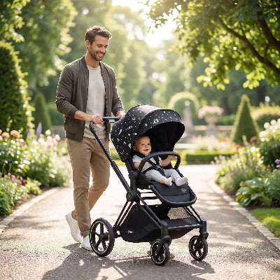 papa promene bebe protege par par soleil pour poussette