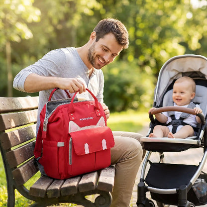 papa sereins avec sac a dos a langer