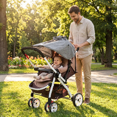 pare soleil poussette papa qui poussette avec bebe