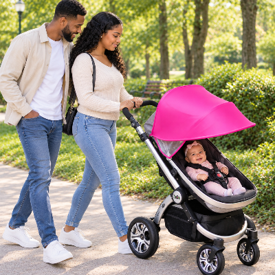pare soleil poussette universelle famille au parc.