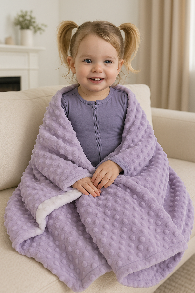 petite fille assise avec sa couverture bebe