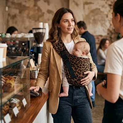 Porte bebe en echarpe pendant des achats