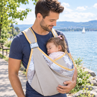 porte bébé ergonomique bandoulière promenade bord du lac