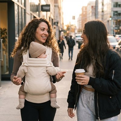 Porte bebe maman prend un café avec sa collègue 
